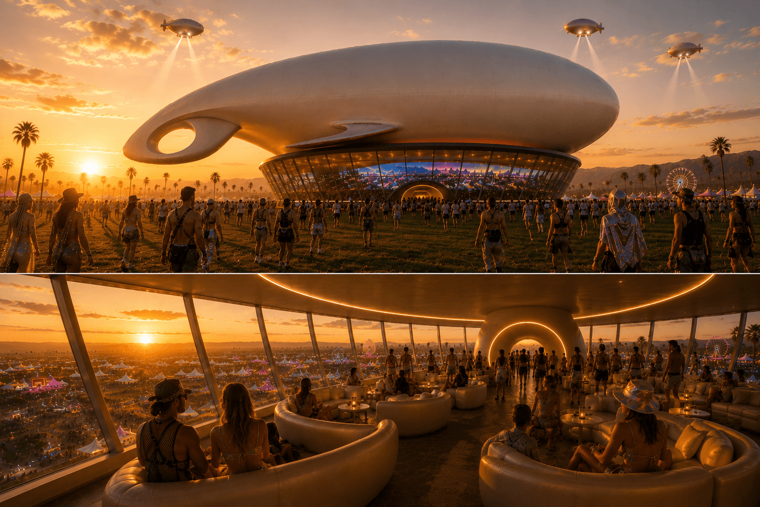 Concept render diptych: the airship at blue hour, exterior and cabin interior