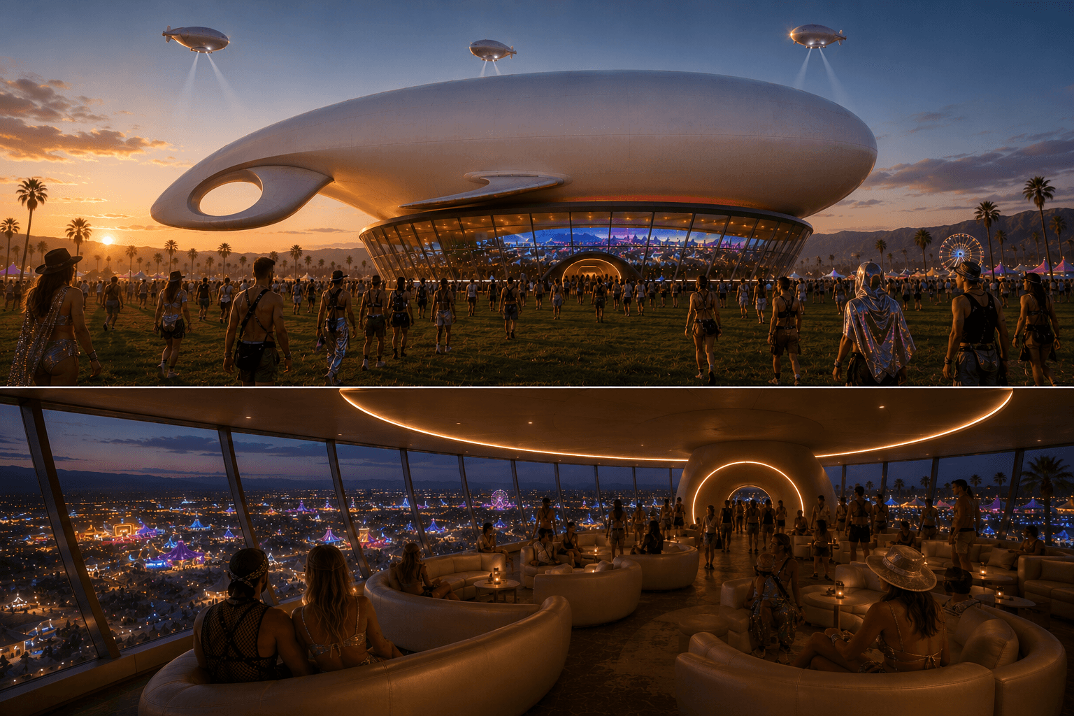 Concept render: guests in the observation lounge at dusk, windows full of festival light