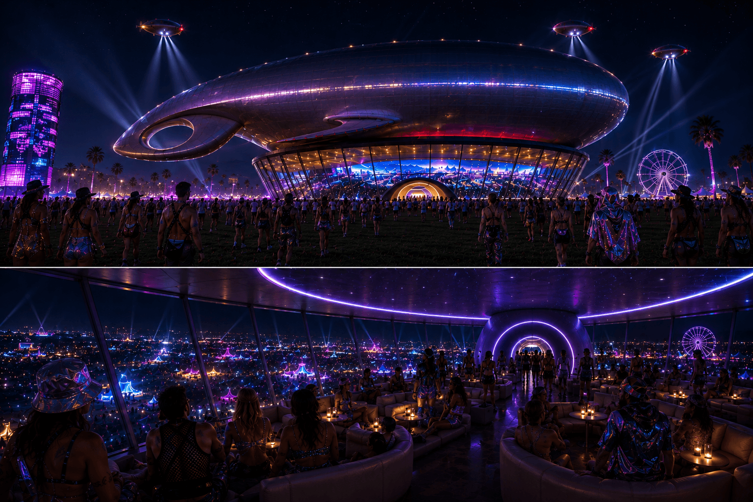 Concept render diptych: the ship glowing in night mode over the festival