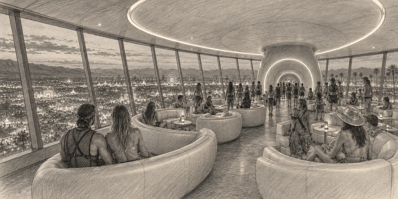 Syd Mead-inspired graphite study of the airship observation deck, looking over seated guests toward the festival panorama.