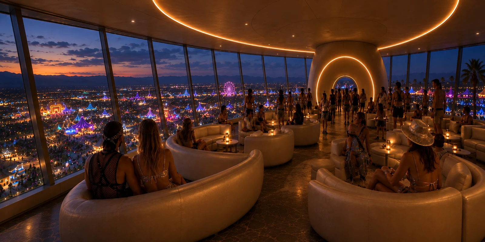 Photoreal dusk concept view of the airship observation deck, warm cabin lighting and festival lights beyond the windows.